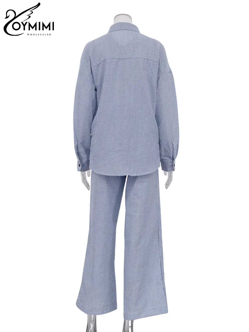 Oymimi Casual Dark Blue Print Women's Two Pieces Set Elegant Long Sleeve Button Shirt And Low Waist Straight Trousers Female Set