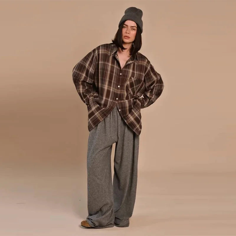 Plaid Loose Long Sleeve Button-Front Shirt for Women