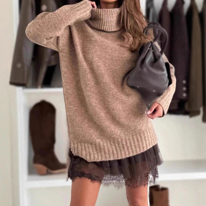 Patchwork Turtleneck Long Sleeve Sweater Mini Dress for Women