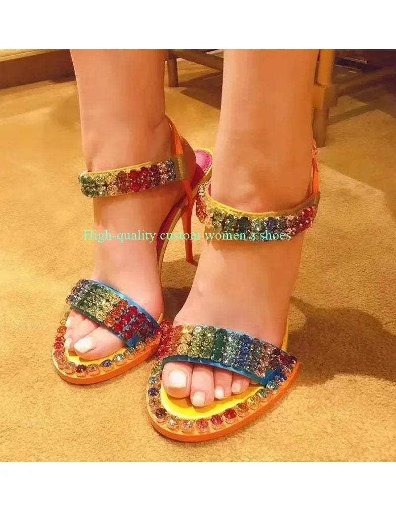 Colorful Rhinestone Embellished Stiletto Sandals for Women