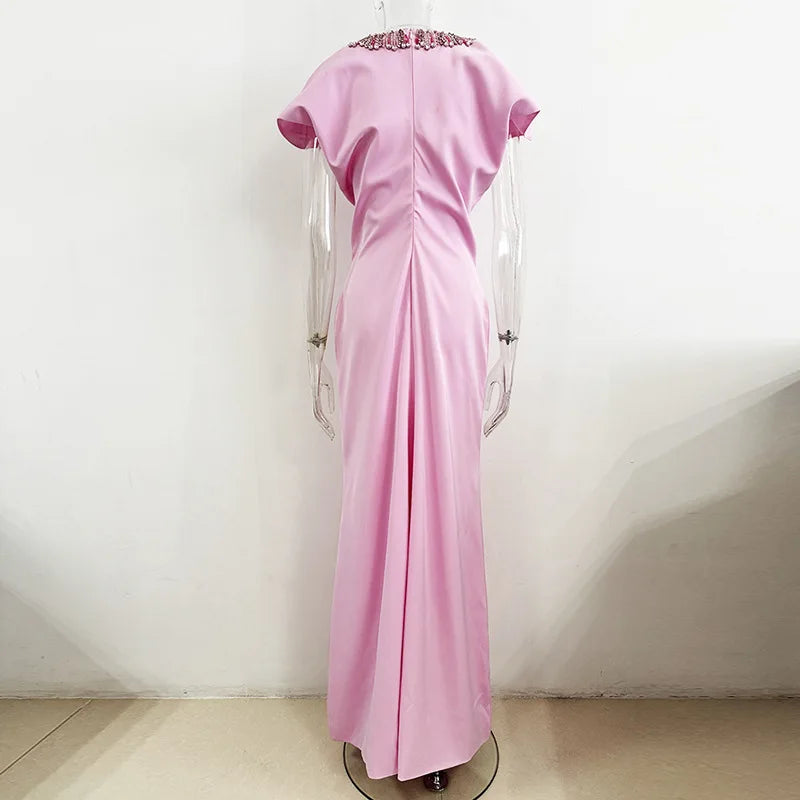 HIGH STREET Newest 2026 Designer Vestido Women's Stunning Duty Beaded Rhinestone Accented  Gown With Bat Sleeves