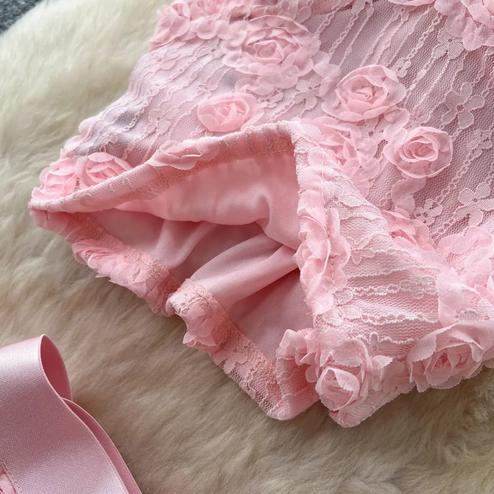 3D Floral Lace Camisole and Pleated Skirt Set for Women