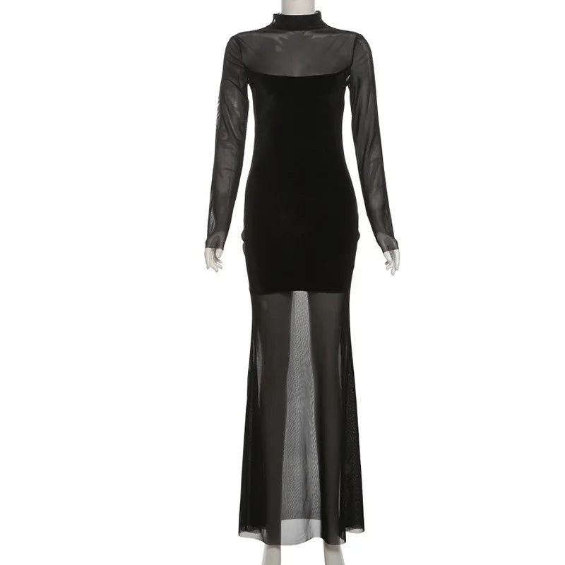 Cryptographic Long Sleeve See Through Mesh Dress Velvet Fashion Club Party Gown Black Turtleneck Vestido Bodycon Dress Clothes