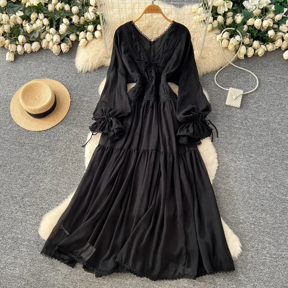 Elegant French V-Neck Waist-Cinching Maxi Dress for Women