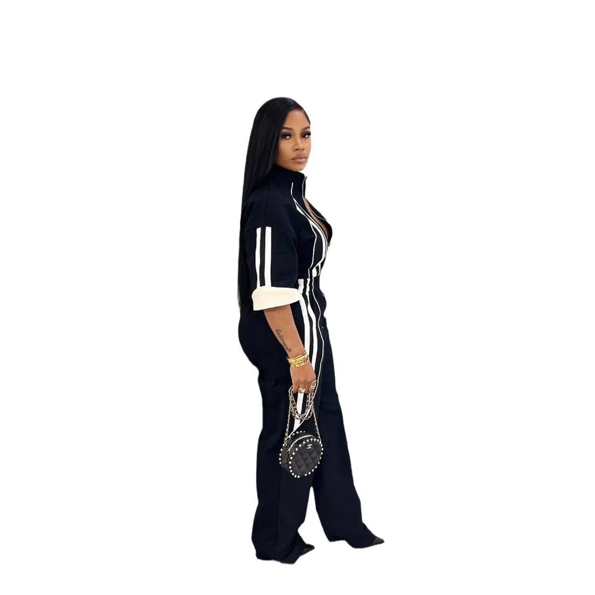 Women Jumpsuits For Spring 3/4 Sleeve Print Stripe Loose Fashion Streetwear Overalls Wide Leg Pants Trousers 2025 Summer