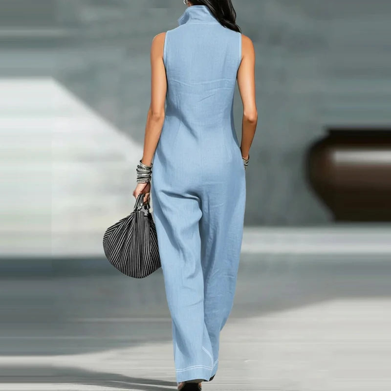 Stand Collar Pocket Sleeveless Wide Leg Jumpsuit for Women