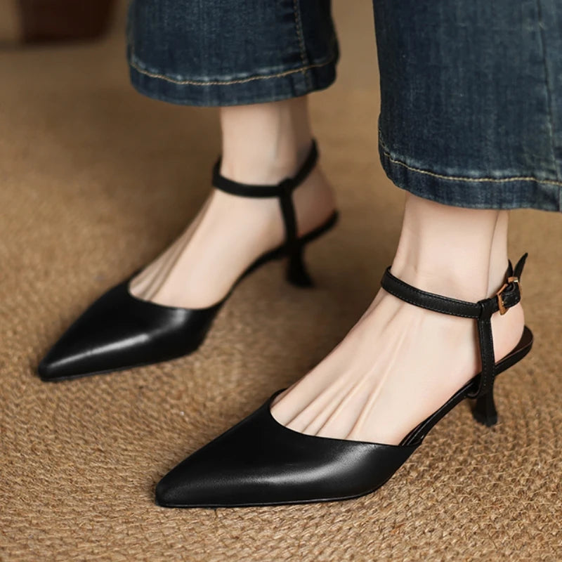 Leather Pointed Toe Mid Heel Sandals
