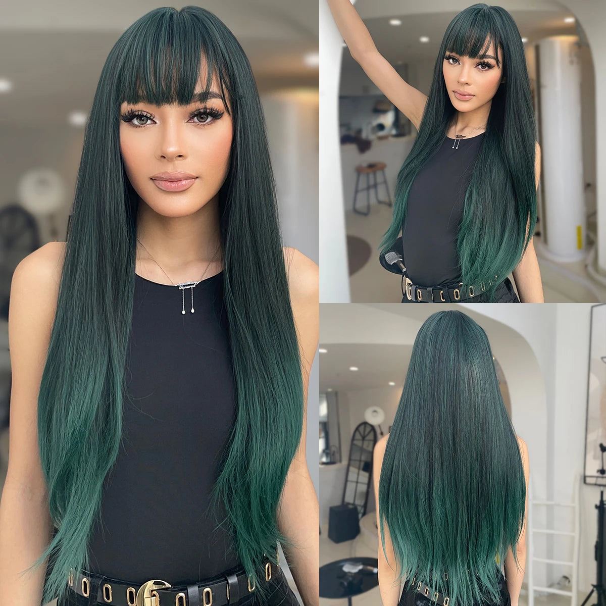 Long Straight Heat Resistant Synthetic Wig With Bangs for Women