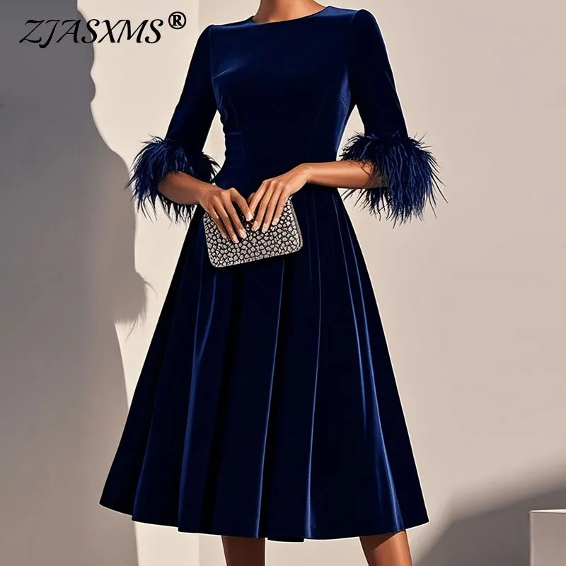 Elegant Feather Trim Velvet A-Line Party Dress for Women