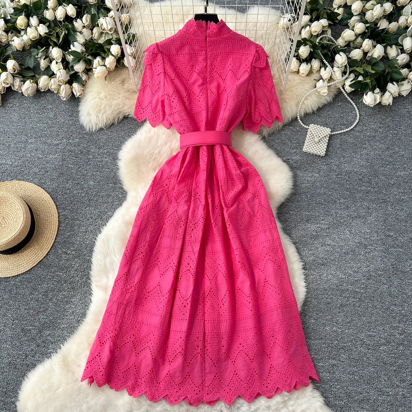 O-Neck Sash Embellished A-Line Dress