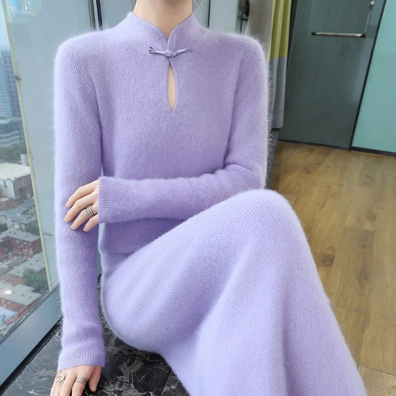 Cashmere Knit Dress with Stand Up Collar and Buckle for Women