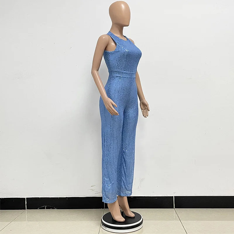 Elegant Silver Sequined Straight Cut Jumpsuit for Women