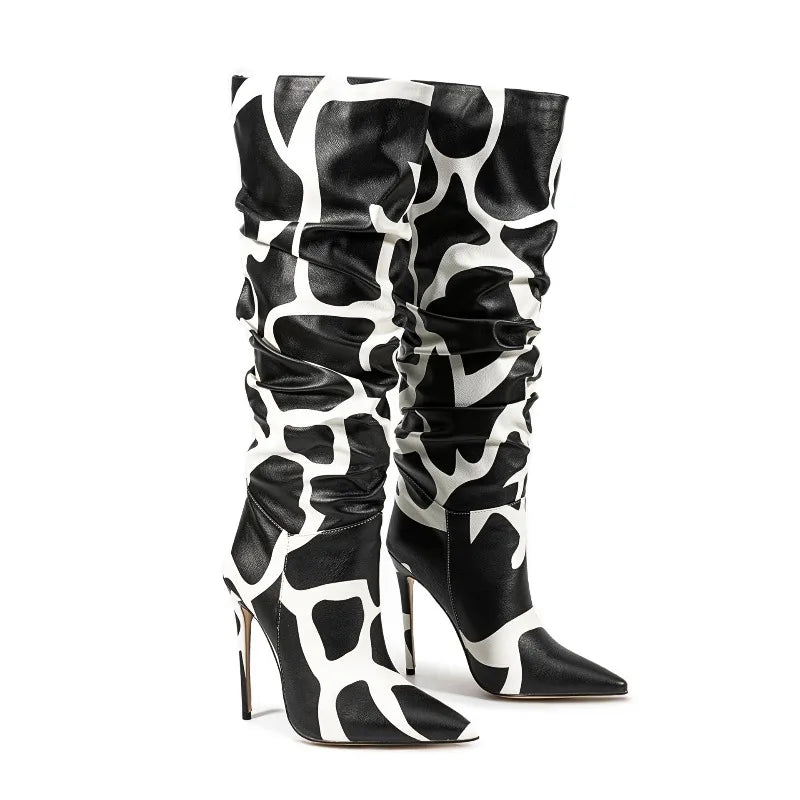 Stylish Zebra Print Pleated Knee-High Boots for Women