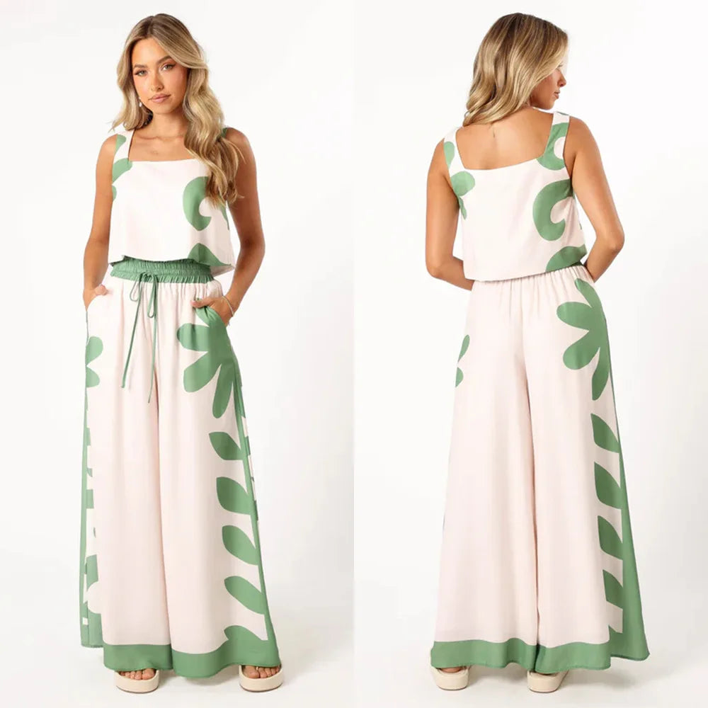 Casual Summer Print High Waist Wide Leg Two Piece Set for Women