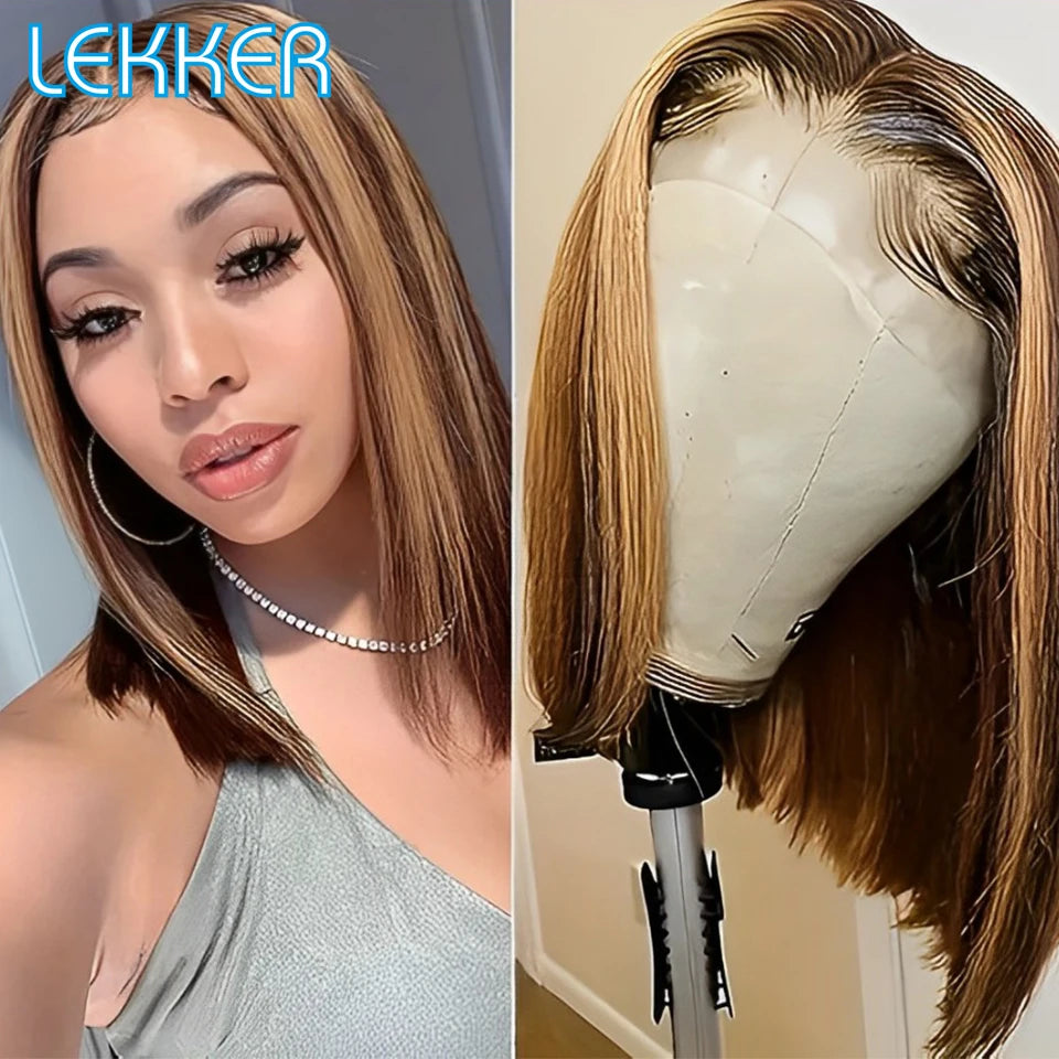 Short Straight Highlight Blonde Lace Front Bob Wig for Women