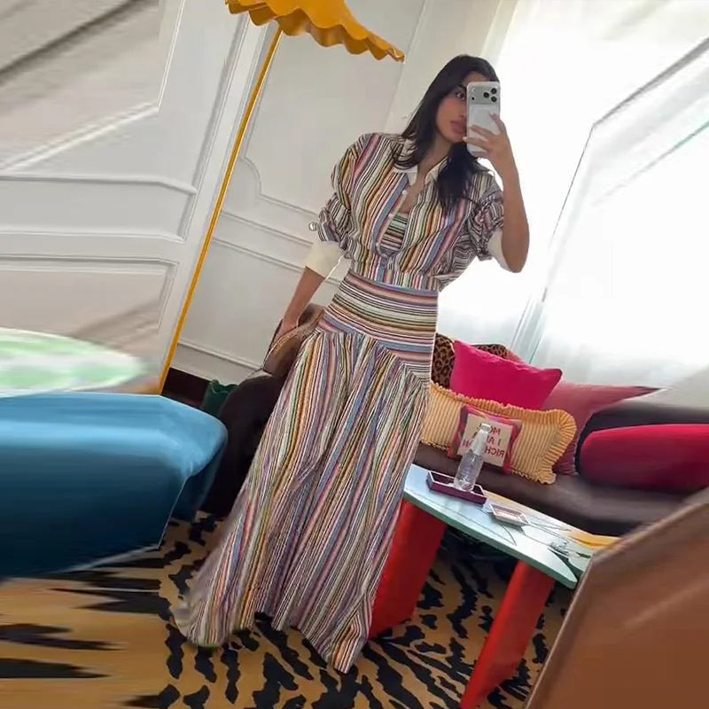 Elegant Multicolor Striped Puff Sleeve Maxi Dress For Women