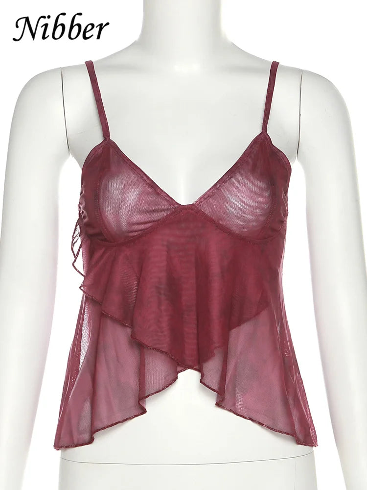 Nibber Mesh See Through Printed Vest Women Sexy Casual V-neck Sleeveless Suspender Camisole Patchwork Tank Top Streetwear