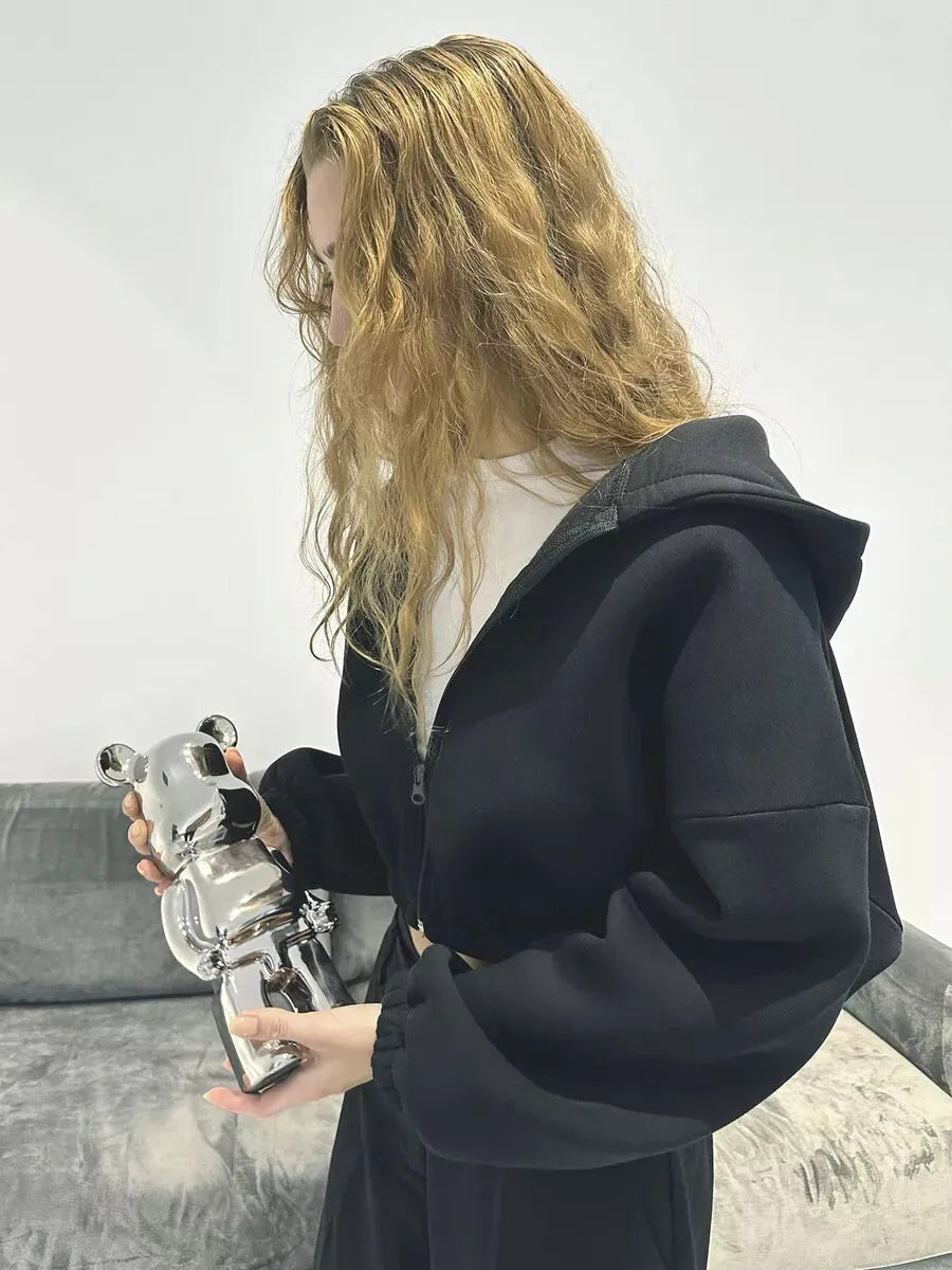 Cropped Zipper Hooded Sweatshirt Jacket With Long Sleeves for Women