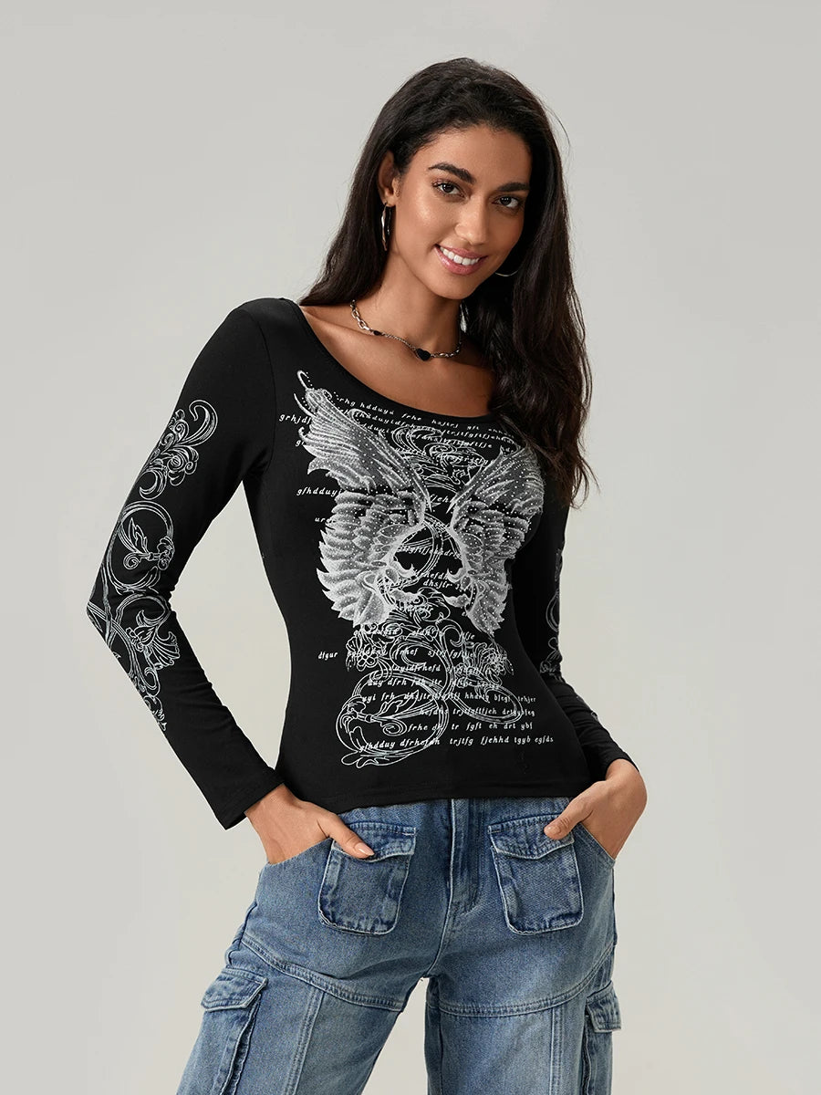 Gothic Rhinestone Graphic Long Sleeve Tee for Women