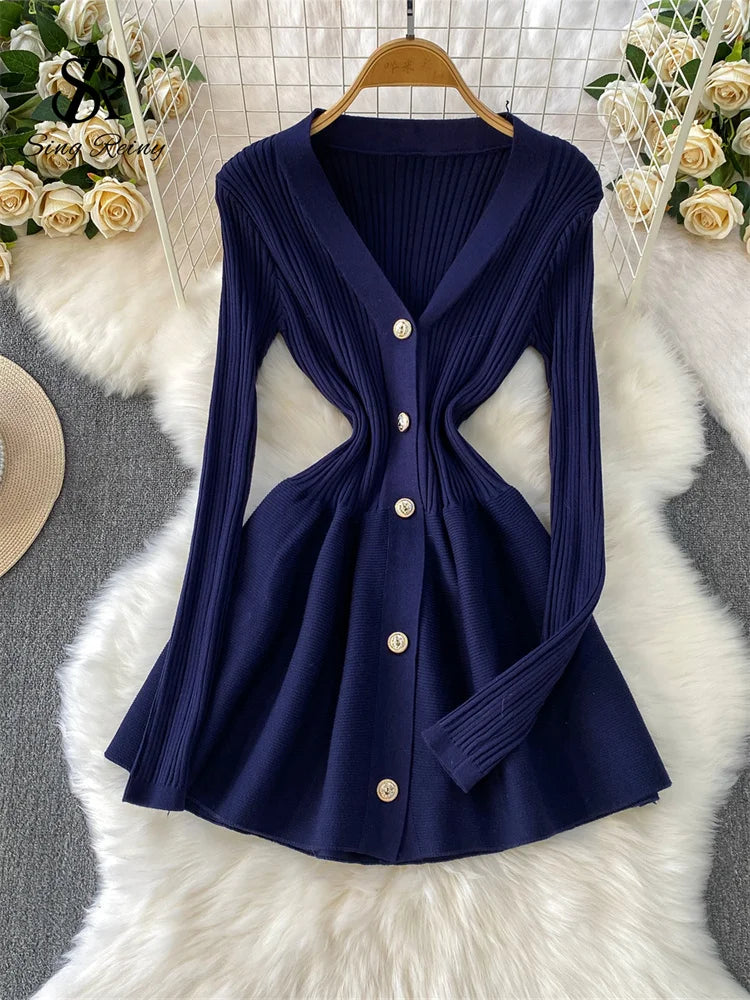 V Neck Knit A Line Long Sleeve Mini Dress for Women