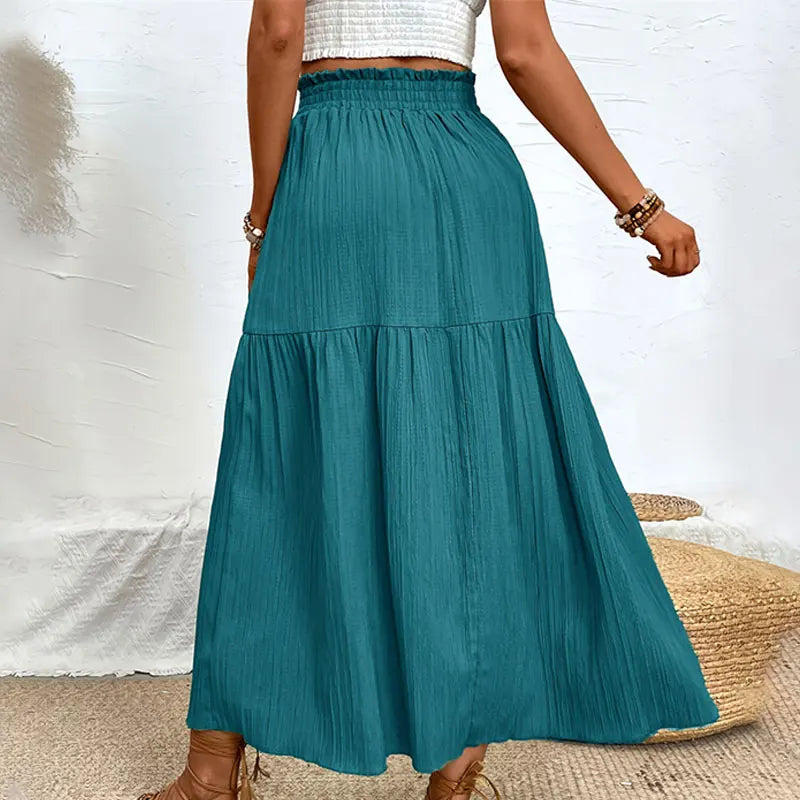 New Women Skirt Fashion Bohemian Midi Skirt High Waist Solid A Line Ruffle Skirt Casual Side Slit Beach Skirts 3 Colors Skort
