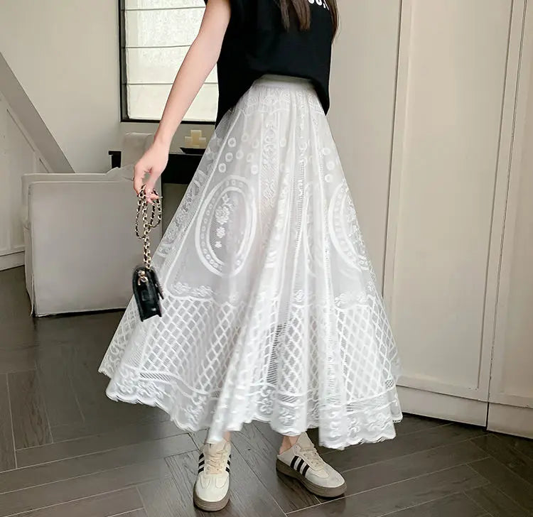 High Waisted Lace A Line Swing Midi Skirt for Women