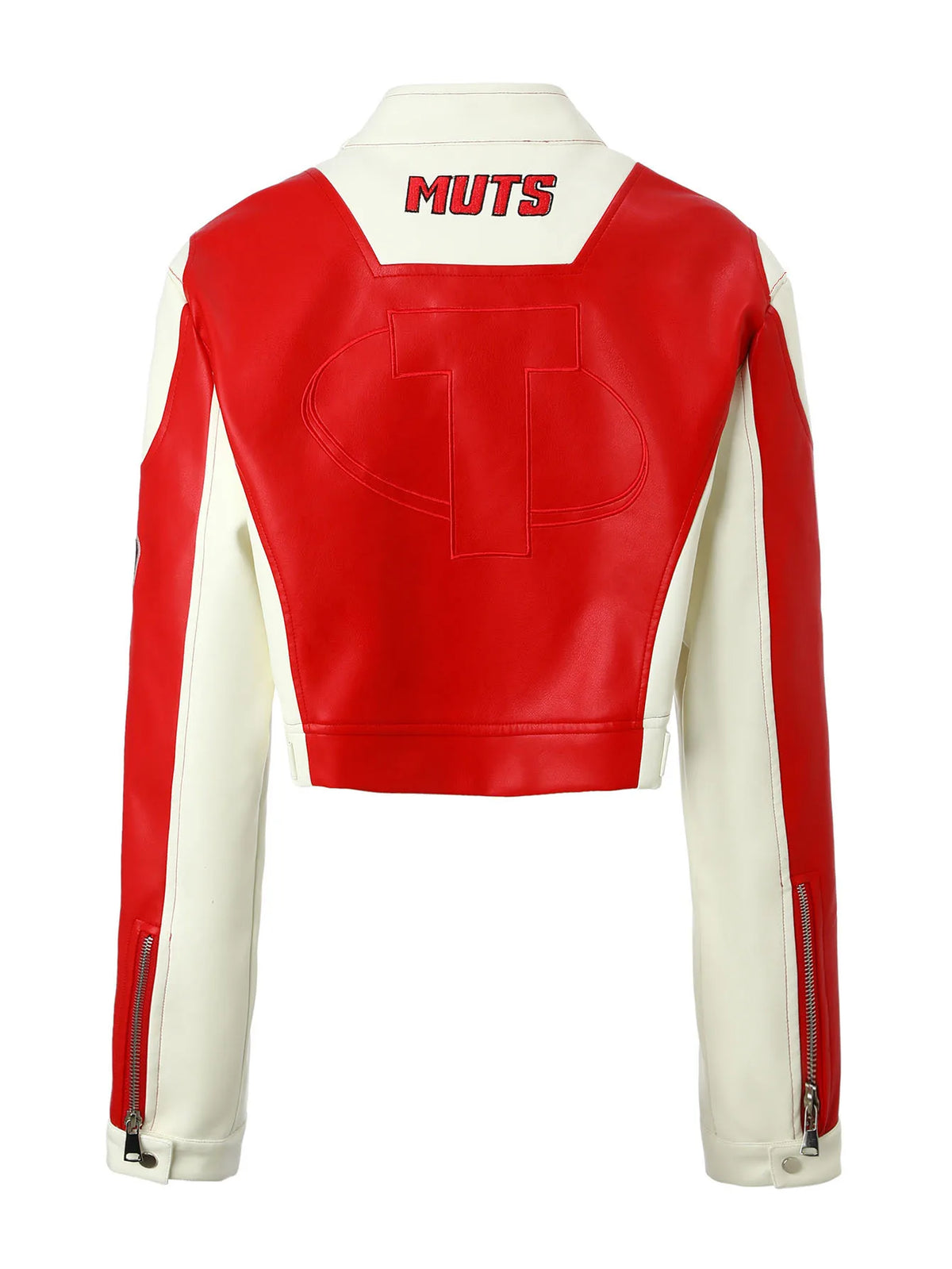 Contrasting Color Embroidered PU Leather Jacket for Women