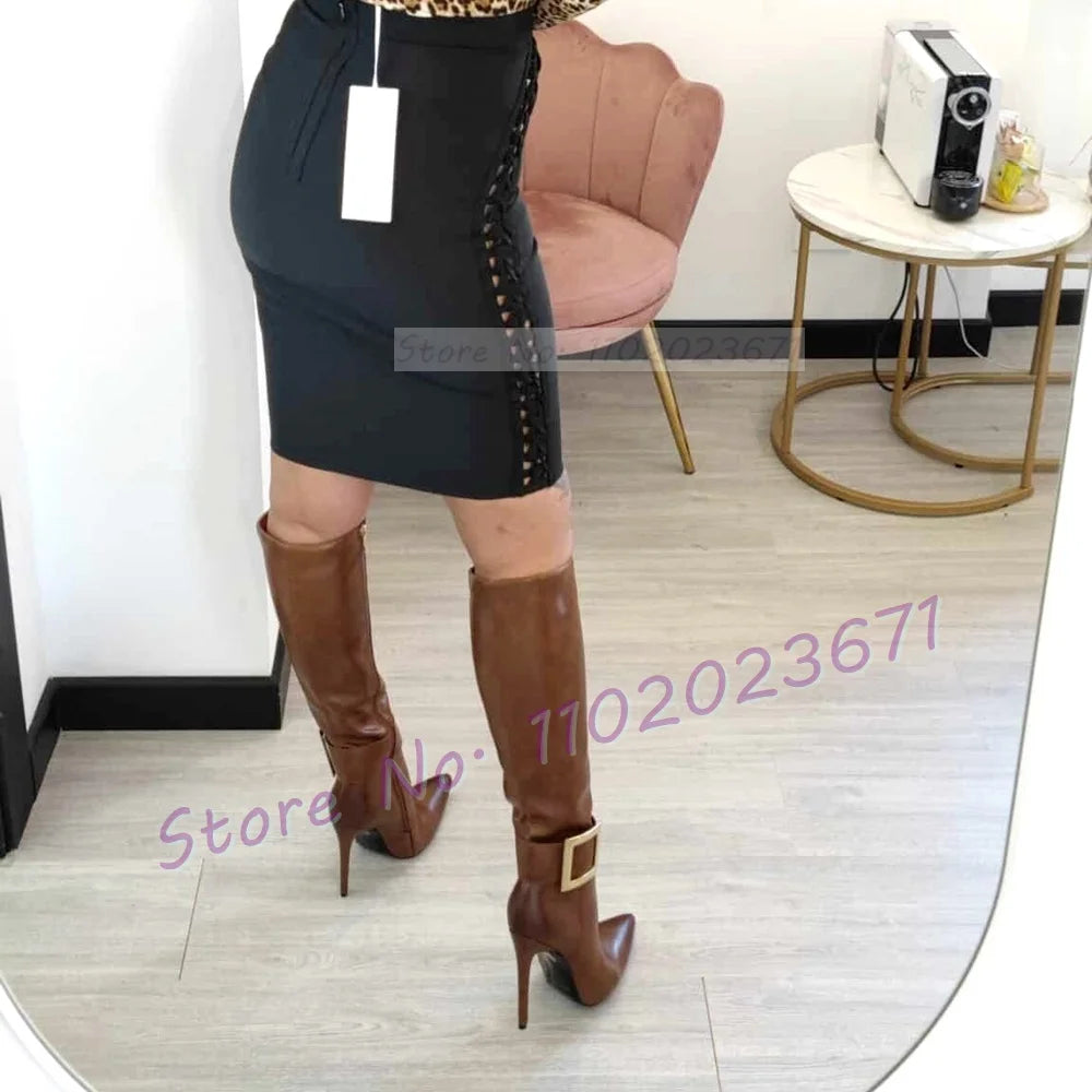 Pointed Toe Golden Buckle Side Zipper Knee High Boots For Women