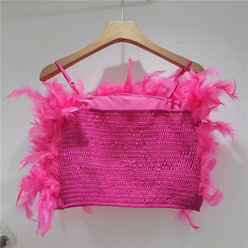 YEAE fluffy ostrich feather halter top design sense short small halter vest women's outer wear inner top tide