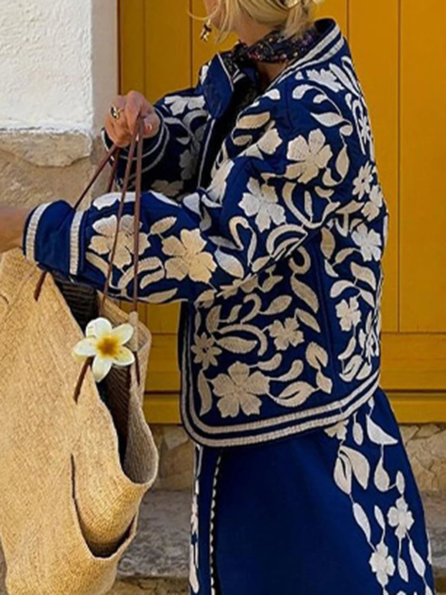 Women'S Retro Open Front Printed Embroidered Jacket, Lightweight Casual Long Sleeved Autumn Street Fashion Cardigan