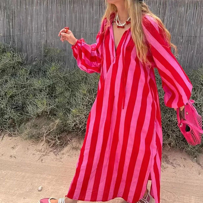 Elegant Striped V Neck Long Sleeve Maxi Dress for Women