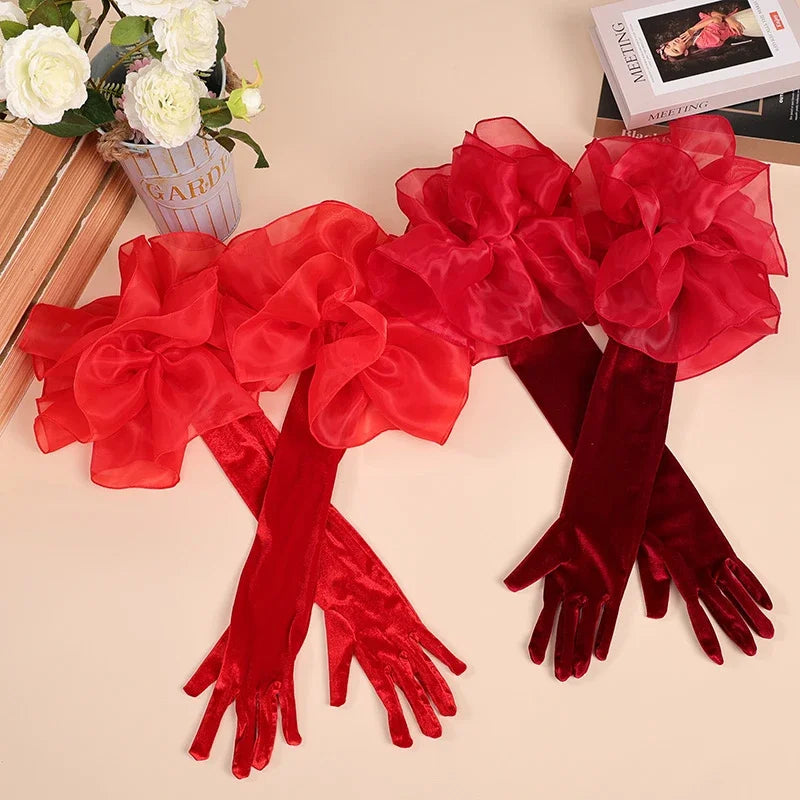 Elegant Velvet Elbow Length Ruffle Gloves for Women