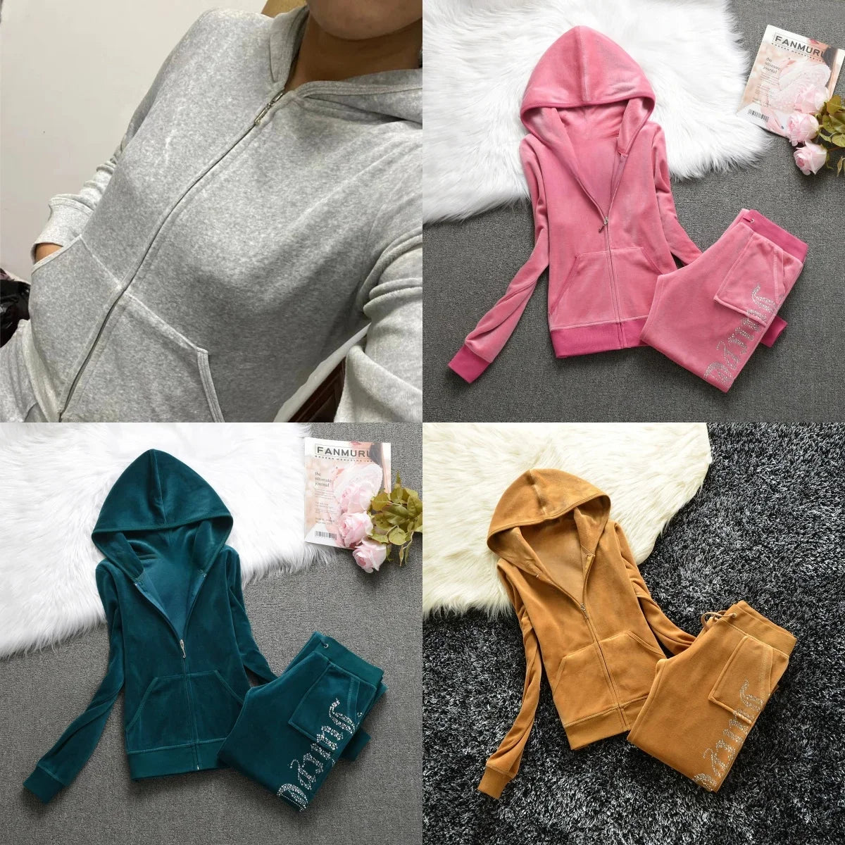Y2K Velvet Rhinestone Two Piece Tracksuit Set for Women