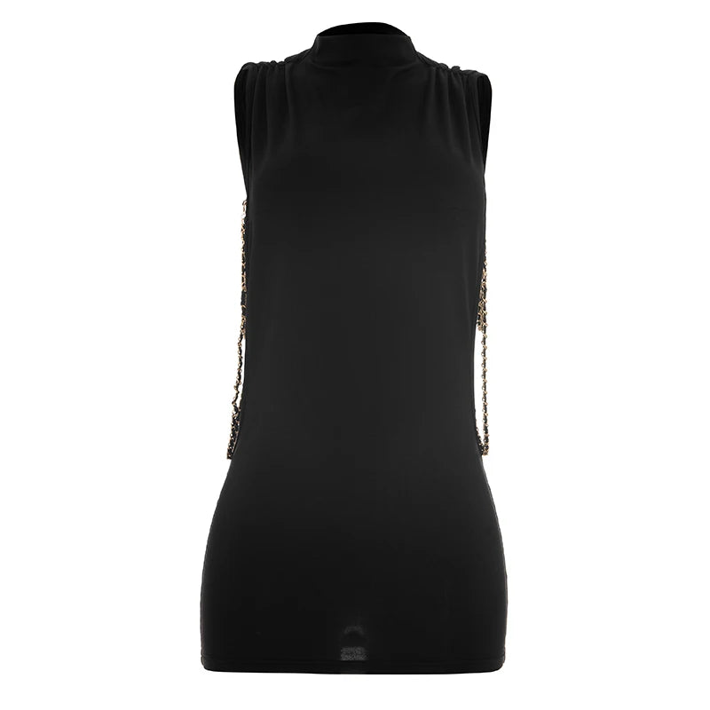 Metal Chain Detail O Neck Side Hollow Mini Dress for Women
