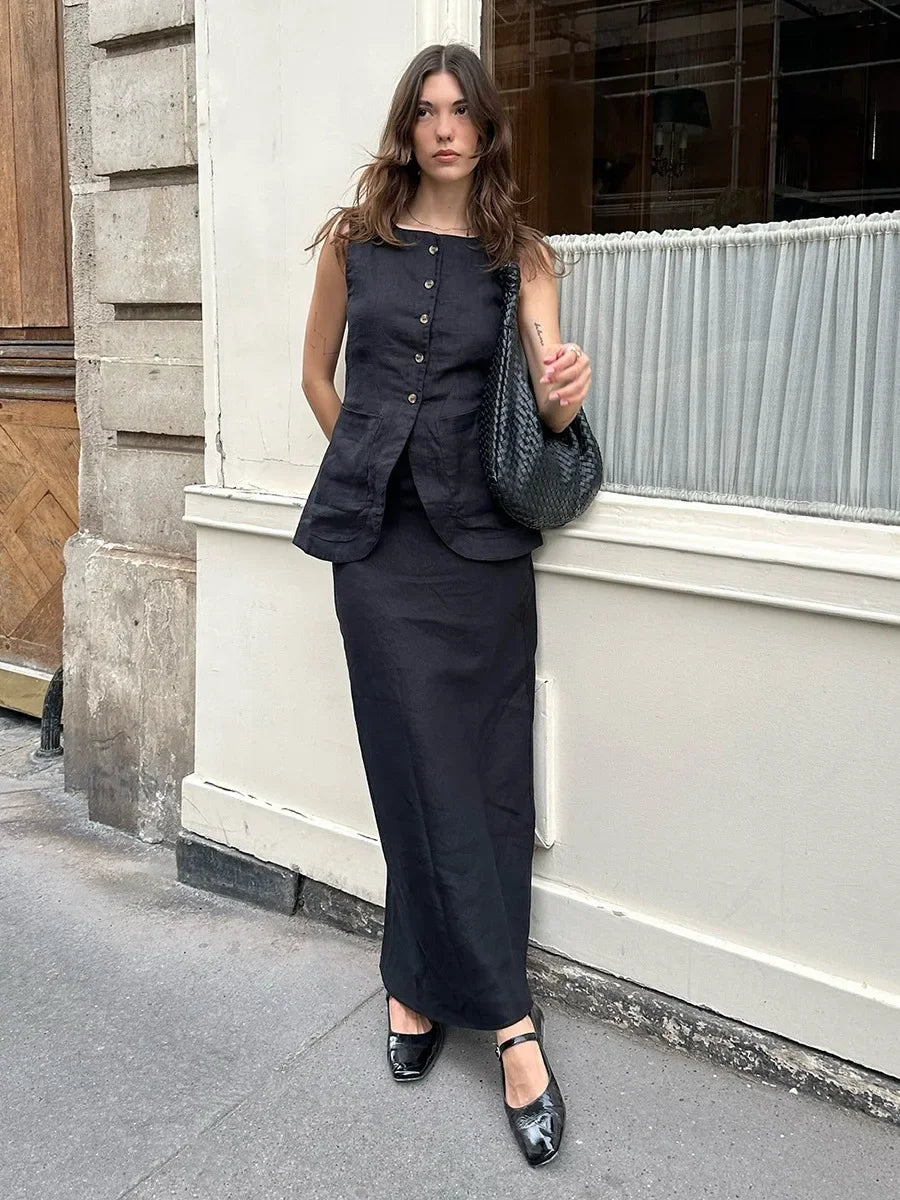 Breathable Linen High Waist Vest And Skirt Set For Women