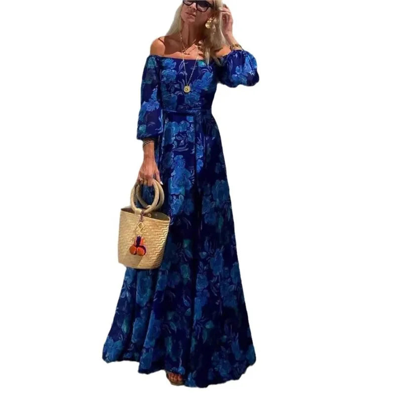 Vintage Pattern Print Long Dress Women Sexy Off Shoulder Long Sleeve Party Dress Fashion Waist Pleat Loose Hem Beach Dress
