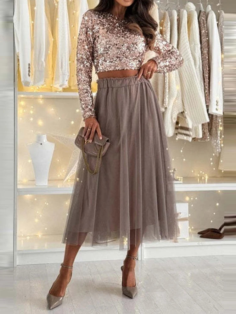 Casual O-neck Lace-up Top & Long Skirt Suit Women Elegant Long Sleeve Puffy Skirt Outfits Fashion Shiny Sequins Women Skirt Suit