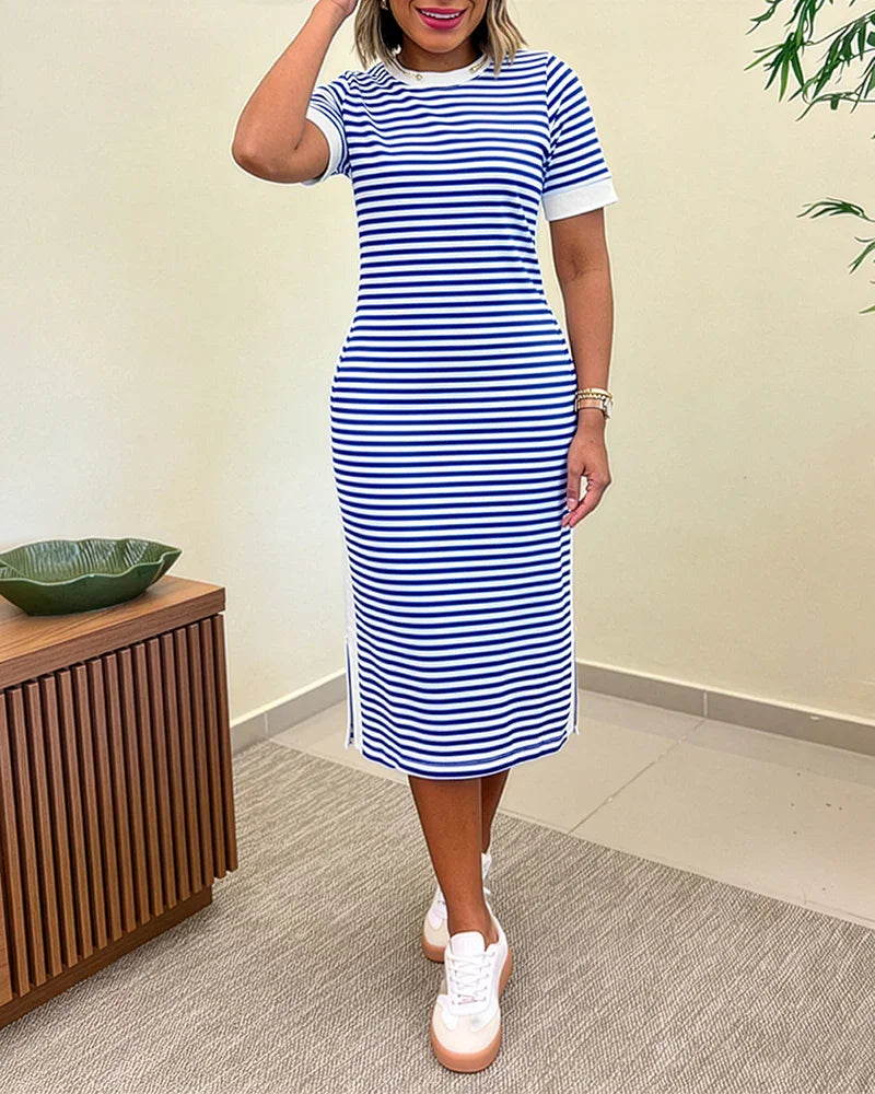 Striped Color Block Midi T-Shirt Dress With Cinched Waist for Women