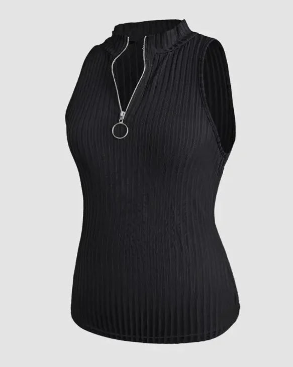 Ribbed Stretch Tank Top With Stand Collar and Zipper for Women
