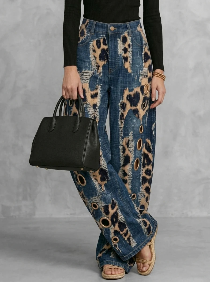 High Waist Distressed Leopard Print Wide Leg Jeans for Women