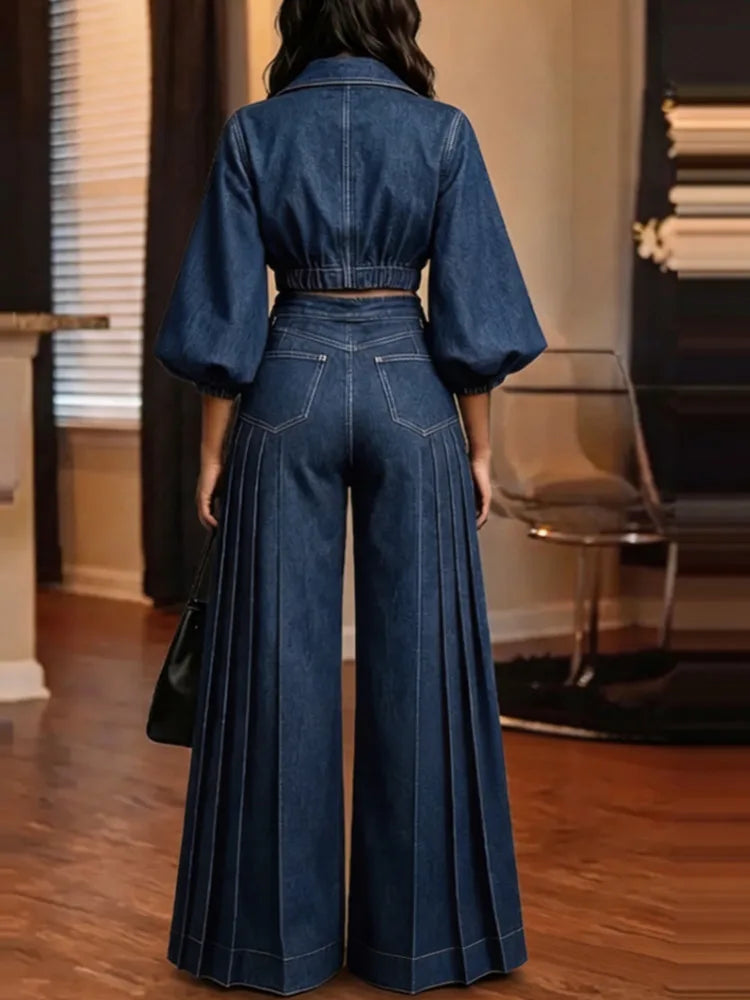 Puff Sleeve Wide Leg Denim Set