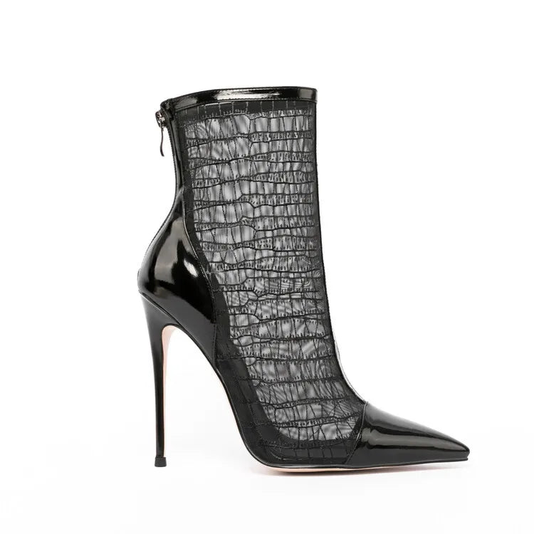 Elegant Black Mesh Stiletto Ankle Boots With Pointy Toe Rear Zipper For Women