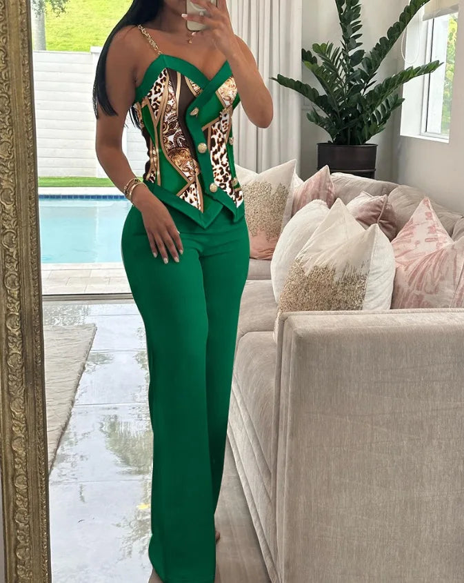 V-Neck Metal Suspender Top Two-Piece Set for Women