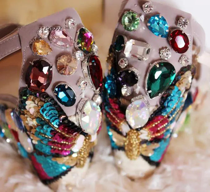 Butterfly Rhinestone Embellished Rope Braided Wedge Sandals Peep Toe for Women