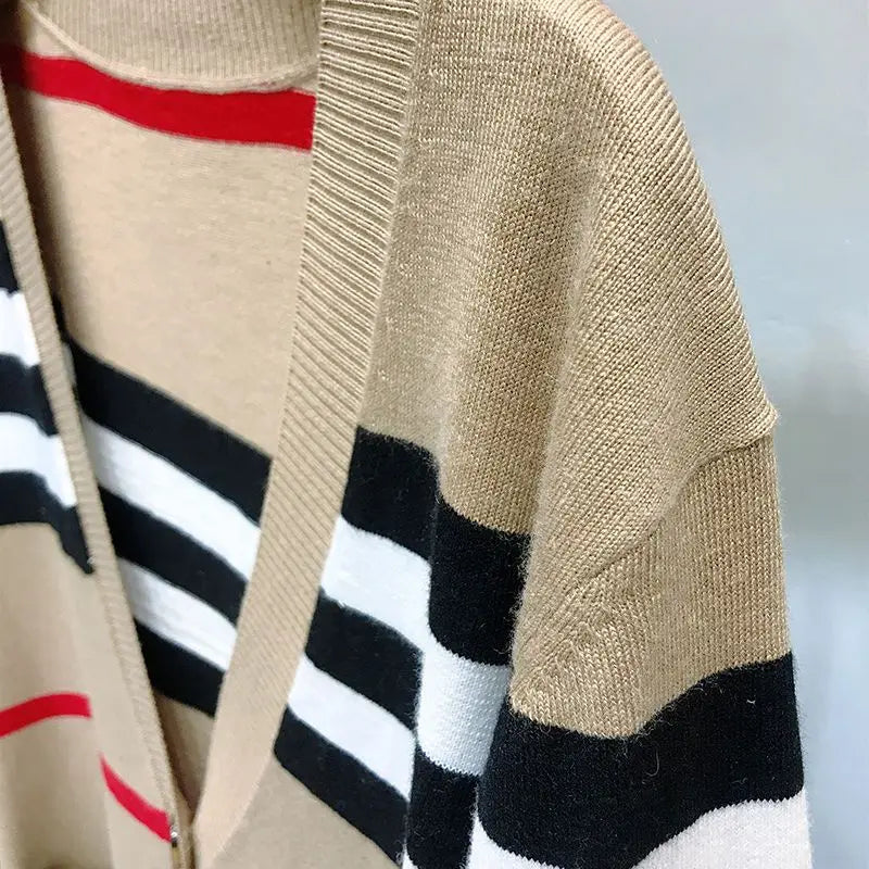 Women's Coat Spring and Autumn Classic Striped Color-block V-neck Mid-length Knitted Cardigan Loose Sweater Coat