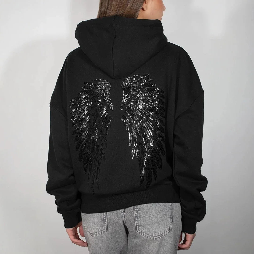 Wing Print Rhinestone Long Sleeve Pullover Hoodie for Women
