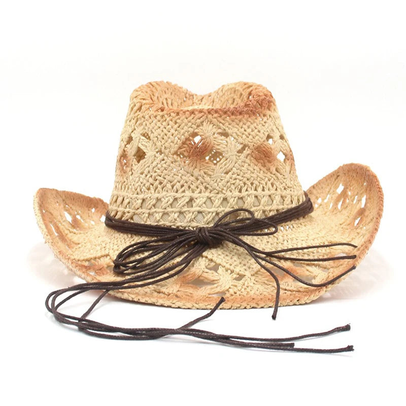 Creative Curled Straw Ethnic Beaded Chain Cowboy Hat for Women