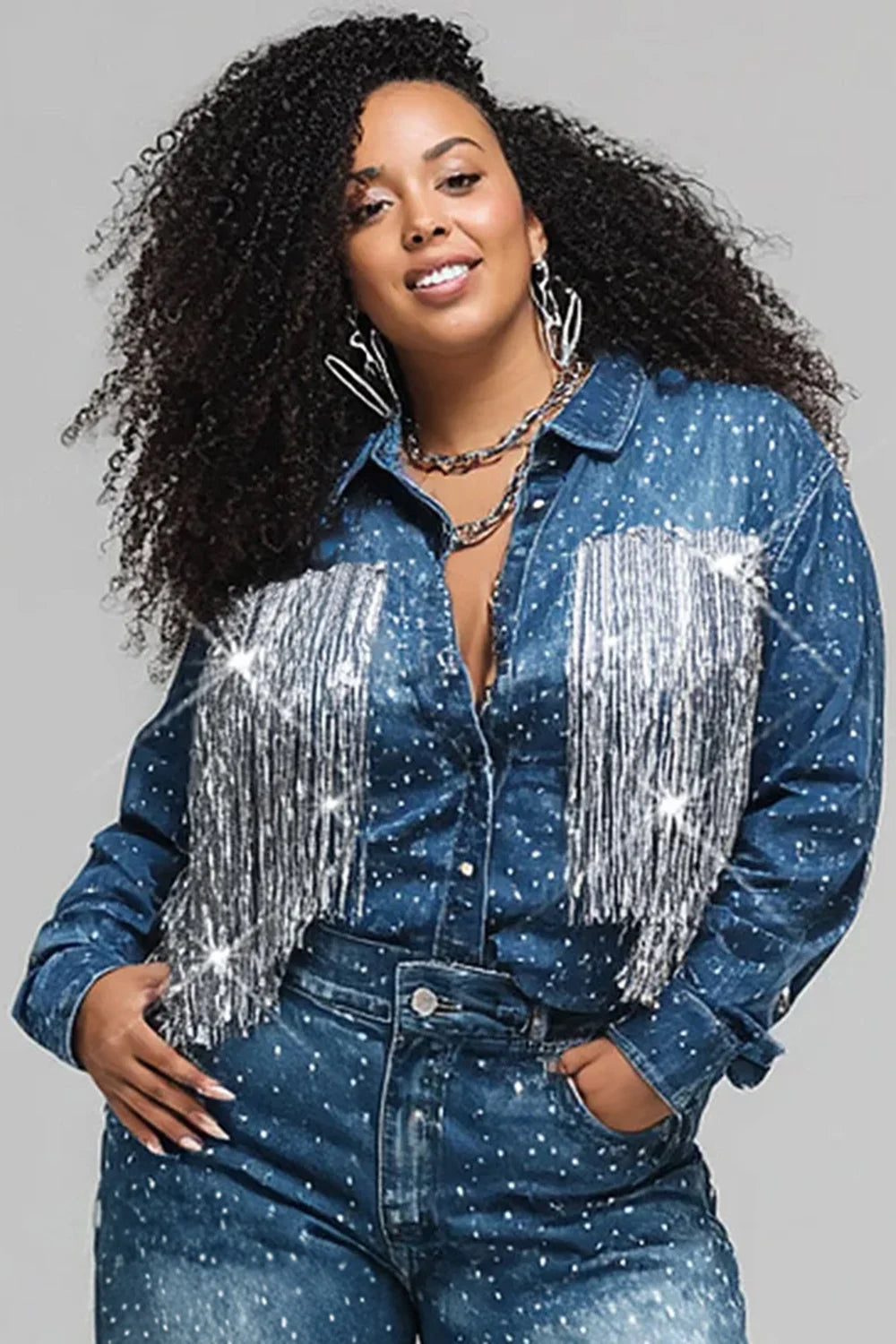 Plus Size Festival Blue Long Sleeve Shirt Collar Denim Jacket for Women
