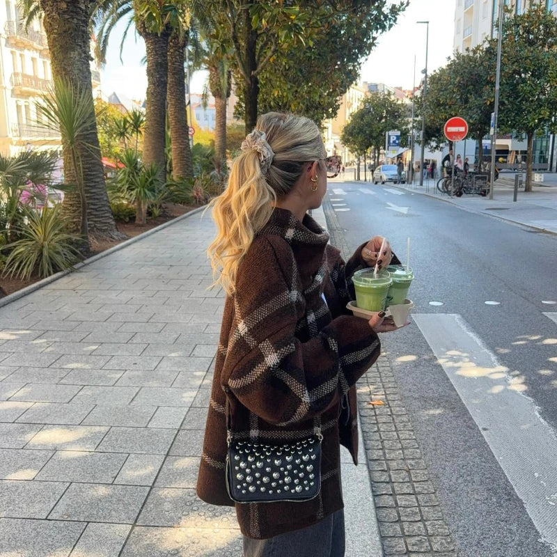 Plaid V-Neck Knit Cardigan With Double Pockets For Women
