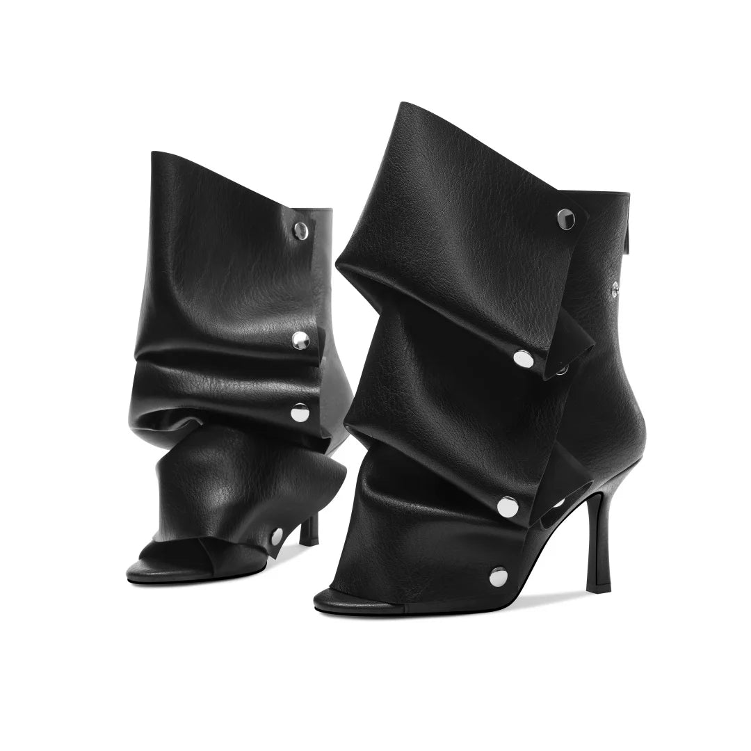 Mid-Calf Open Toe High Heel Pleated Boots for Women